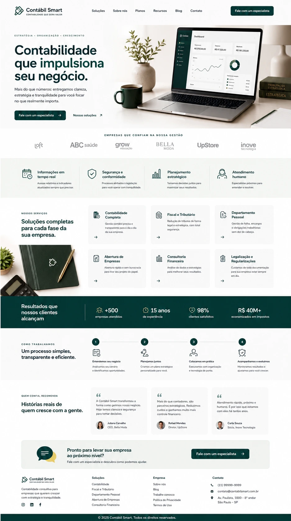 Conceito de site verde e branco para escritório contábil, com soluções, processo e resultados.