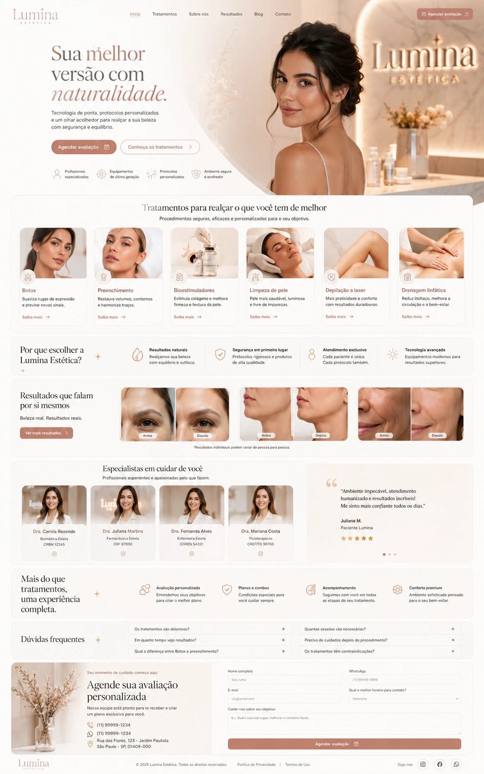 Conceito de site delicado para clínica de estética, com tratamentos, resultados e agendamento.