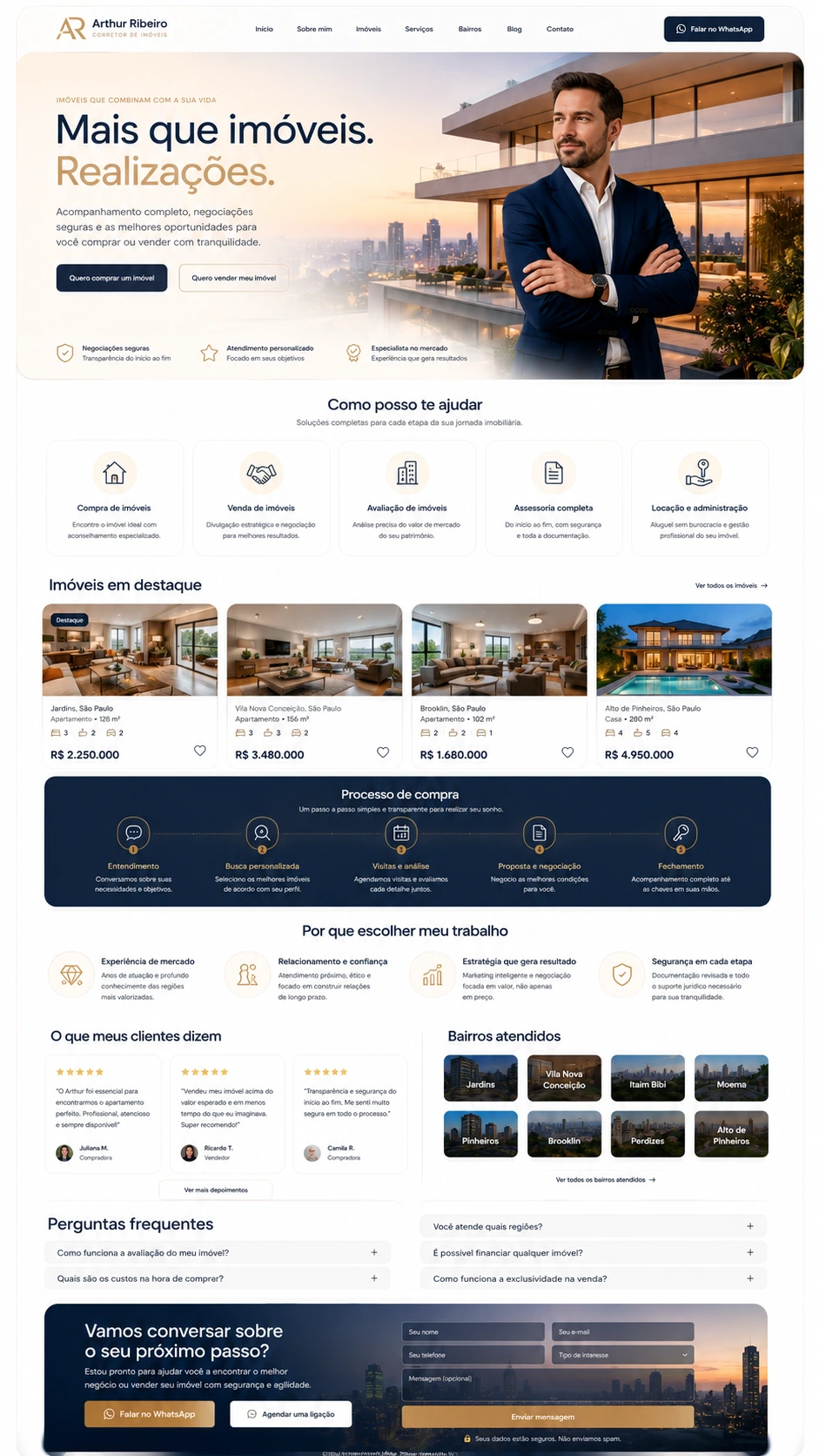 Conceito de site claro para corretor de imóveis, com apresentação, imóveis em destaque, depoimentos e contato.