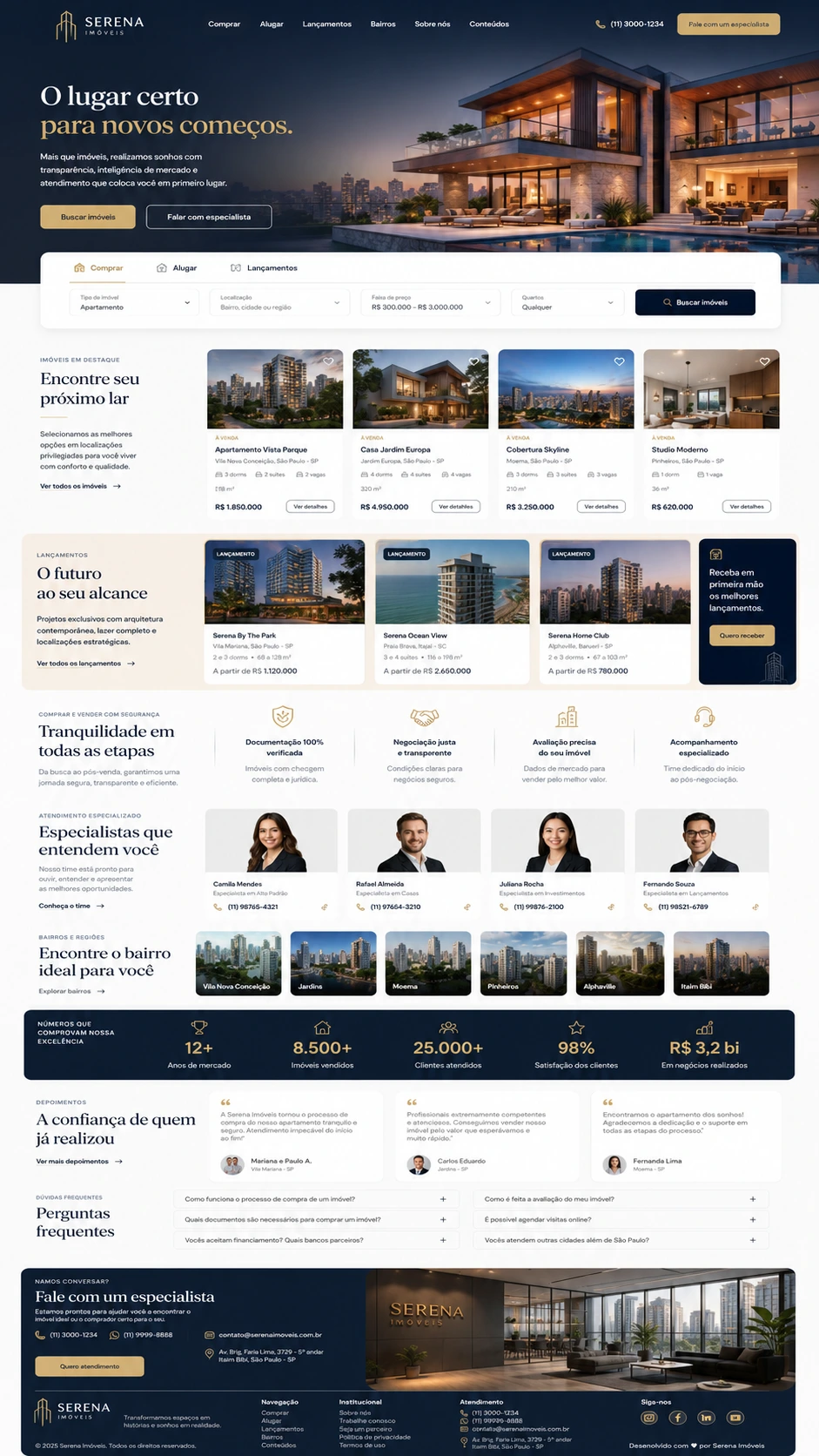 Conceito de site escuro e sofisticado para imobiliária, com busca, catálogo e especialistas.
